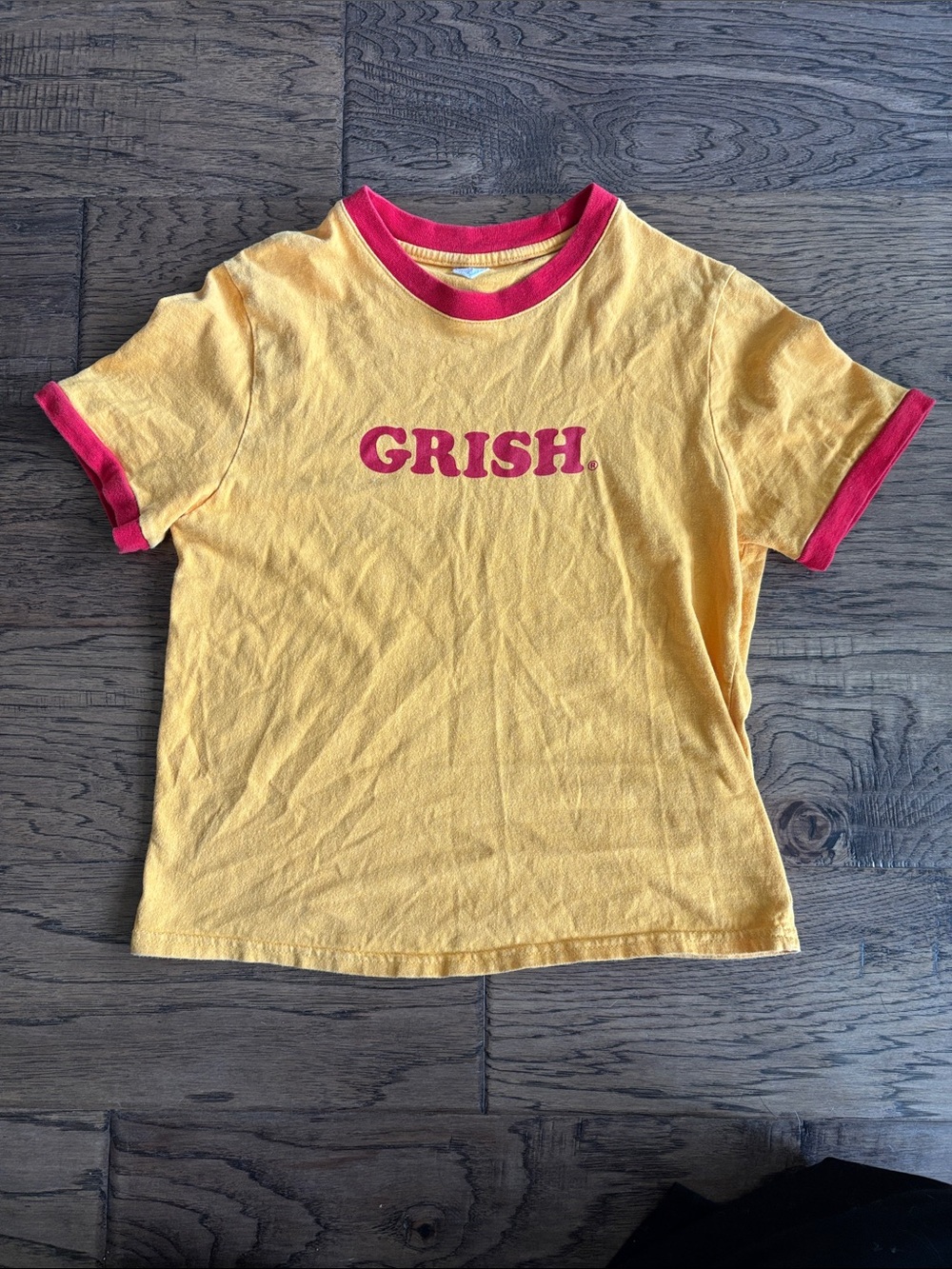 GRISH Yellow Ringer Tee with Red Trim and Logo